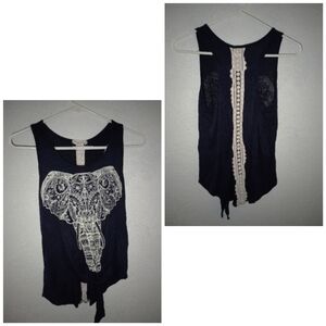 Moonchild Elephant Print Blue Tank Top Lace Back Insert Sleeveless Tie Front